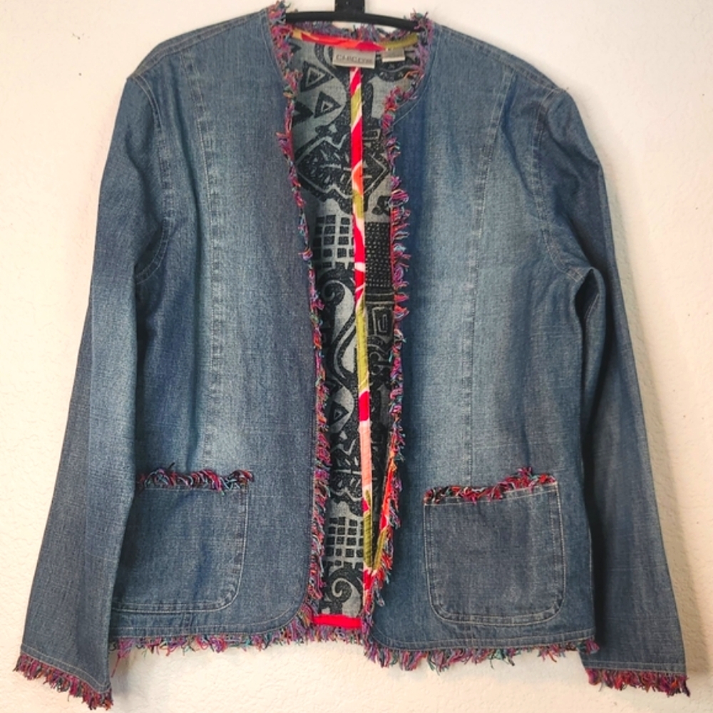 Chicos Open Front Denim Jacket w/ Colorful Fringe Around‎ the Edges, Size 0 (XS)
